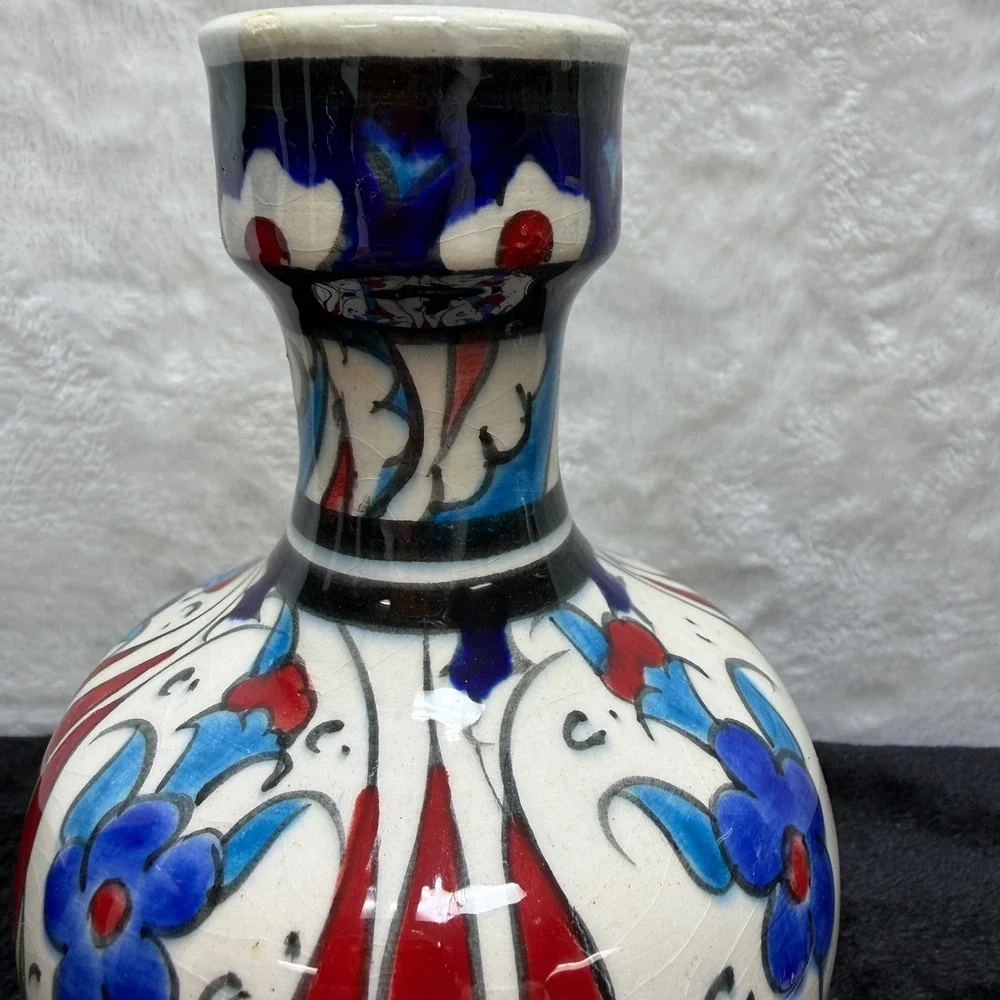 2 Hand Painted Turkish Iznik Style Ceramic Bud Vases Set Floral Red Blue‎ Yellow